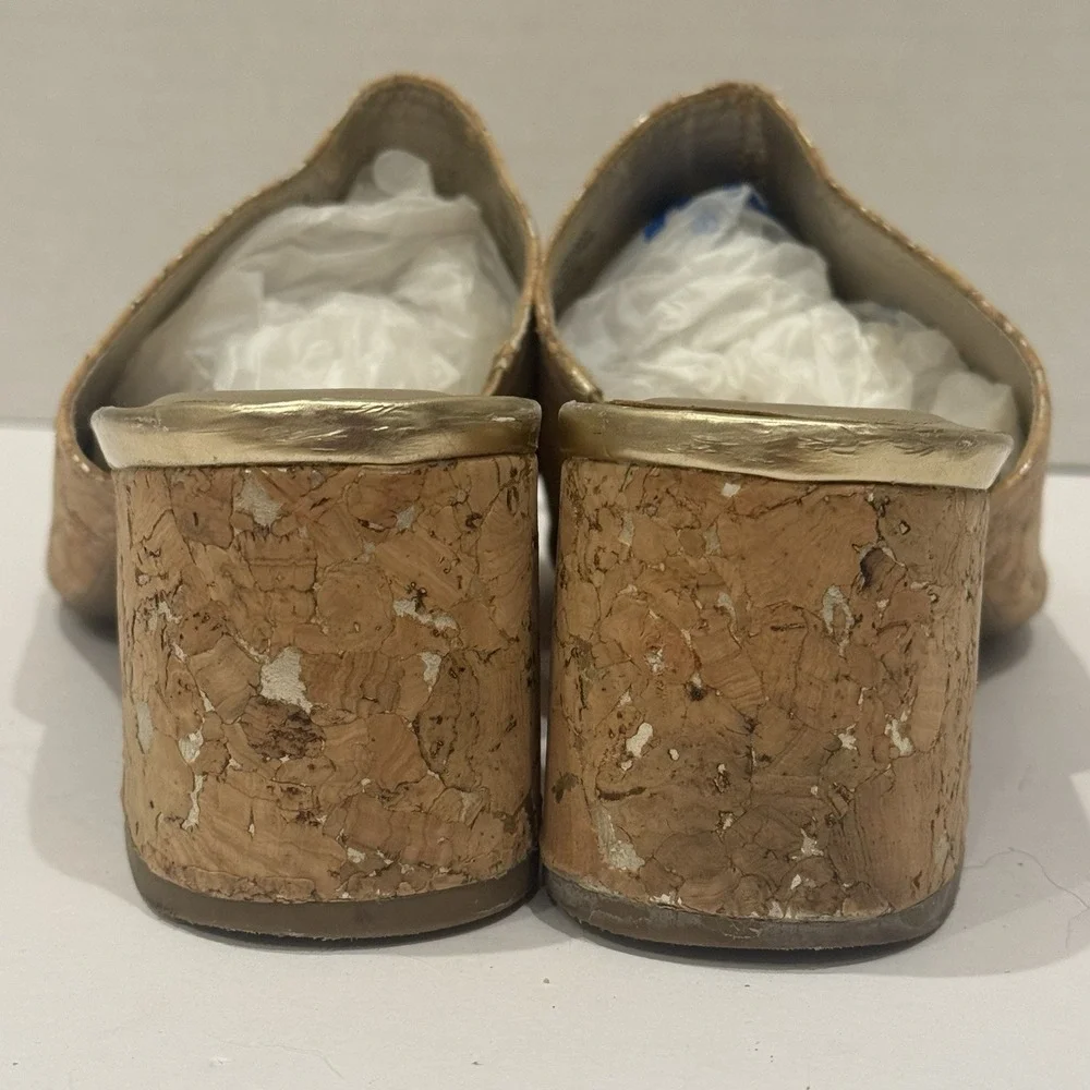 Bandolino Metallic Gold Neutral Minimalist Cork‎ Chunky Heeled Sandal Size 10M